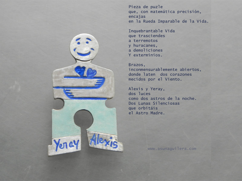 PIEZA de PUZLE . Colgante/Poema - precioso encargo de una Madre Coraje con dos Silenciosas Lunas que la orbitan