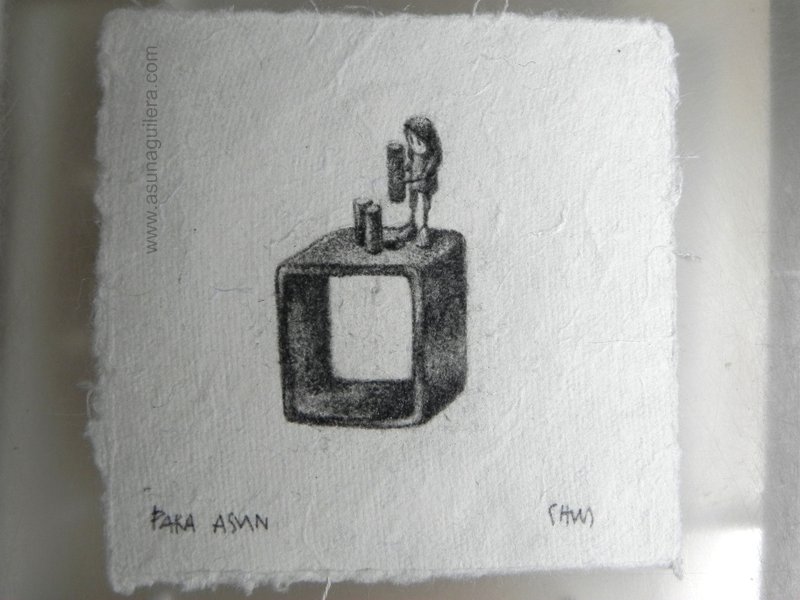 Dibujo a lápiz de mi amigo Chus Charter : Asun construyendo un anillo cuadrado