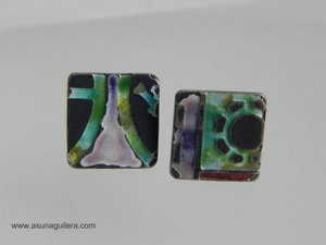 Pendientes RETAZOS de RECUERDOS. Plata de Ley Mate/Envejecida y Esmaltes al Fuego Mates- Vítreos. Piezas ünicas. Asun Aguilera